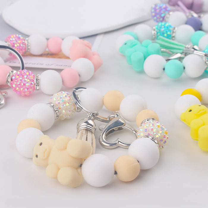 Wholesale Cartoon Silicone Bear Beaded Bracelet Keychain Creative  Wrist Bracelet Key Ring Accessories