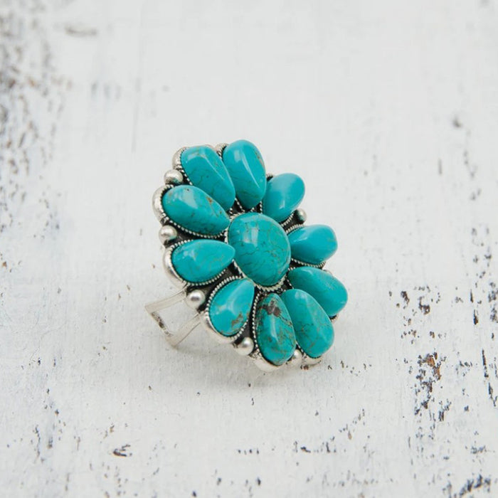 Wholesale Retro Bohemian Turquoise Flower Open Ring Alloy Fashion Accessory