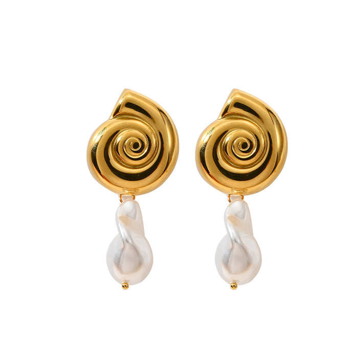Wholesale Temperamental Conch Design Stainless Steel Pearl Earrings Color Preserving Electroplating