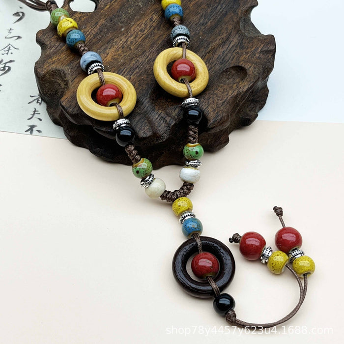 Wholesale Vintage ceramic woven rope necklace, long tassel sweater chain, collarbone