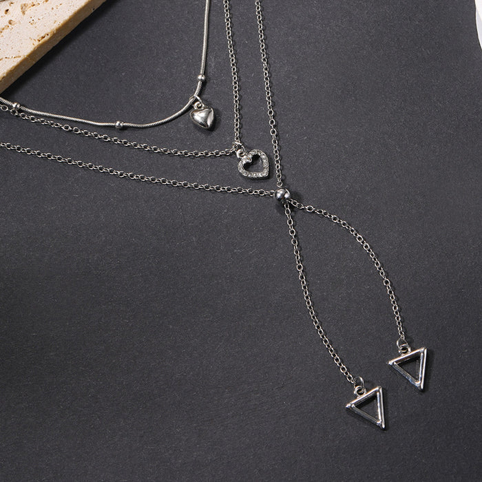 Wholesale Jewelry niche geometric diamond inlaid love pendant design sense tassel multi-layer necklace silver