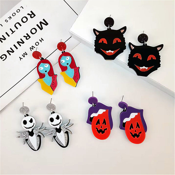 Wholesale Halloween Acrylic Black Cat Witch Skull Ghost Head Earrings JDC-ES-ChouD017