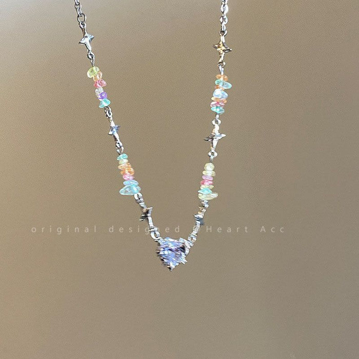 Wholesale Colorful crushed stone heart necklace, light luxury niche collarbone chain accessory