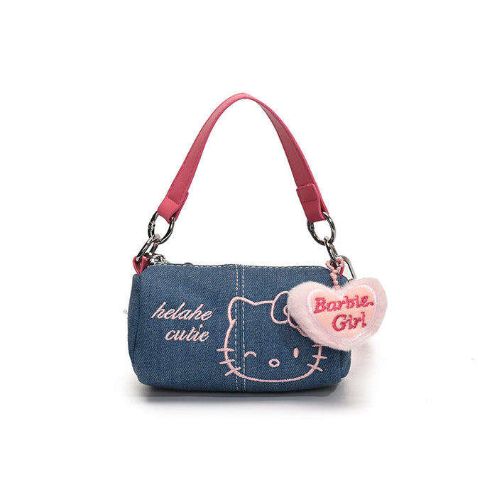Wholesale Denim Canvas Embroidered Bag  Cute Mobile Phone Bag Crossbody Cylinder Bag