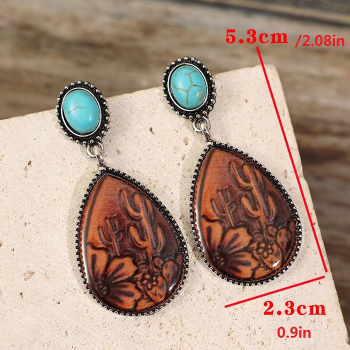 Wholesale Artistic retro ethnic style drop-shaped brown turquoise alloy earrings