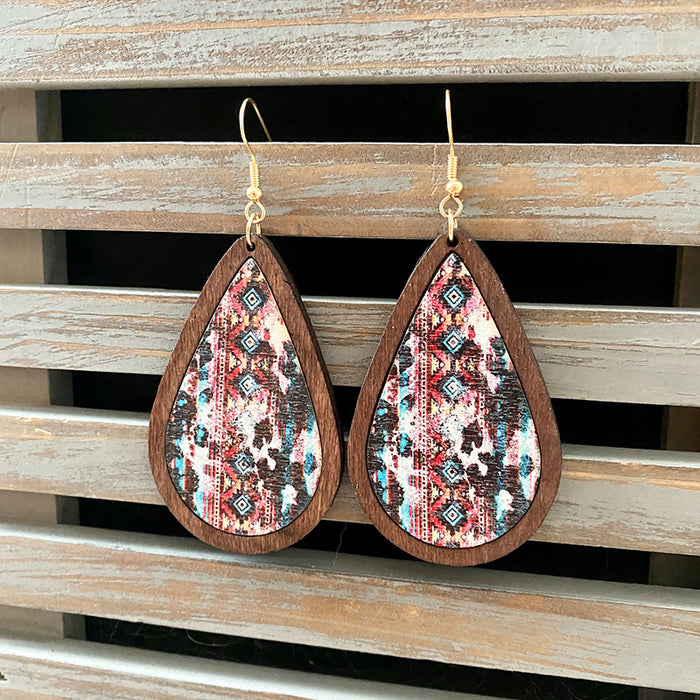 Wholesale Western Retro Wooden Earrings Aztec Water Drop Pattern Atmospheric