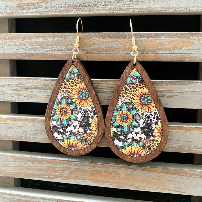 Wholesale Western Retro Wooden Earrings Aztec Water Drop Pattern Atmospheric
