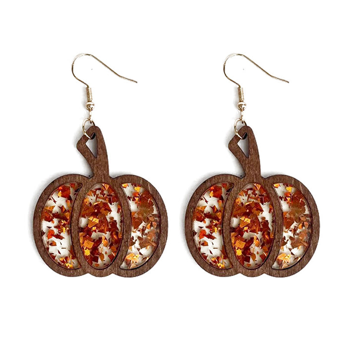 Wholesale  pumpkin wood texture inlaid acrylic glitter sequins Autumn earrings