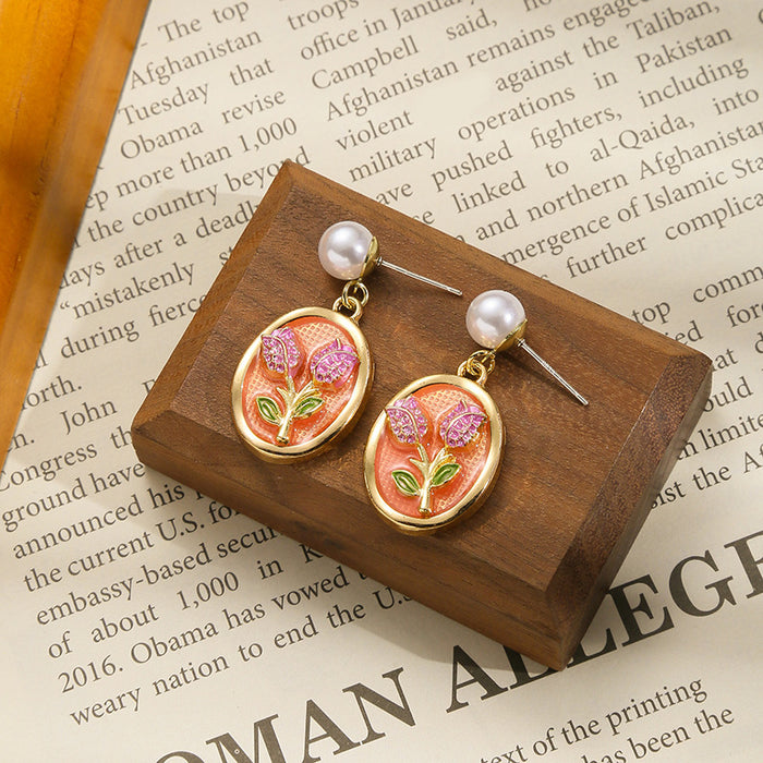 Wholesale Personalized enamel oil painting earrings, colorful earrings, pearl design earrings