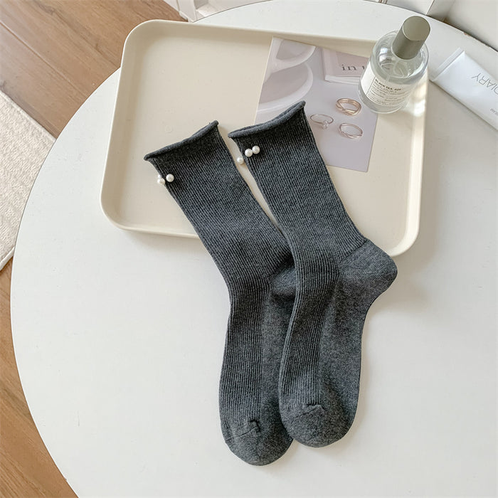 Wholesale Socks Double Needle Solid Color Curled Edge Stacked Socks Middle Tube Socks