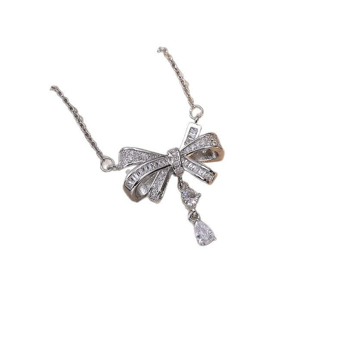 Wholesale Necklace, bow, square diamond, water droplet hollow out, full of diamonds, simple and niche design, collarbone chain