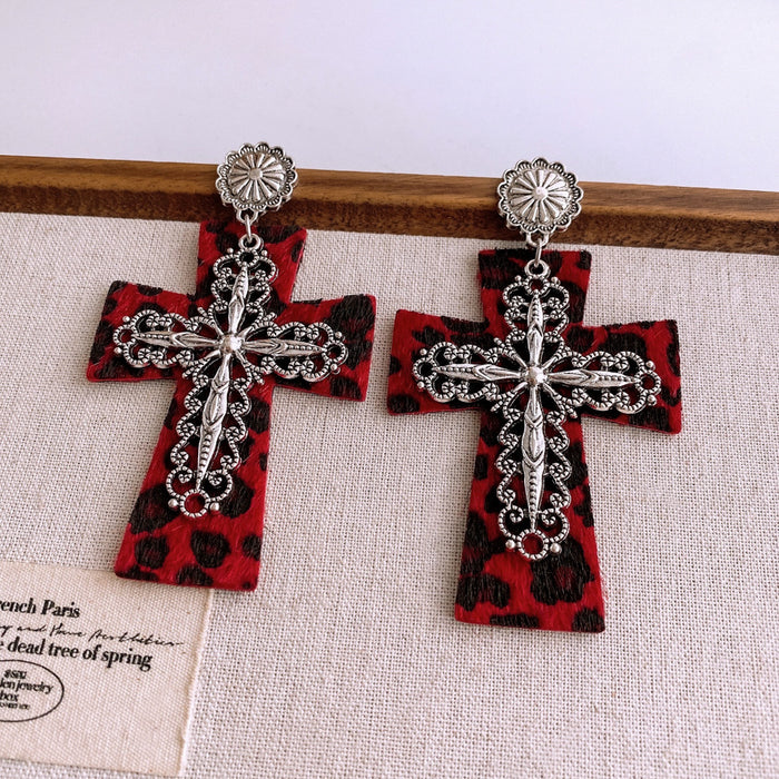 Wholesale Western-style leather leopard print cross earrings