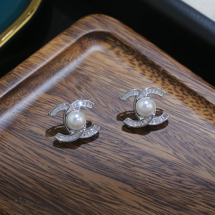 Wholesale Double C Zircon Pearl Earrings Elegant Earrings