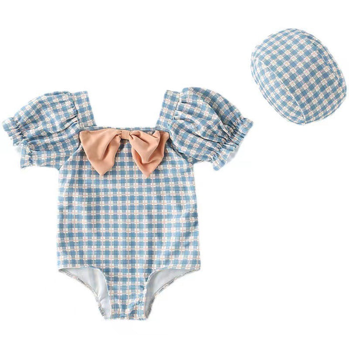 Wholesale Children's one-piece swimsuit bow checkered swimsuit cross elastic bubble sleeve swimsuit