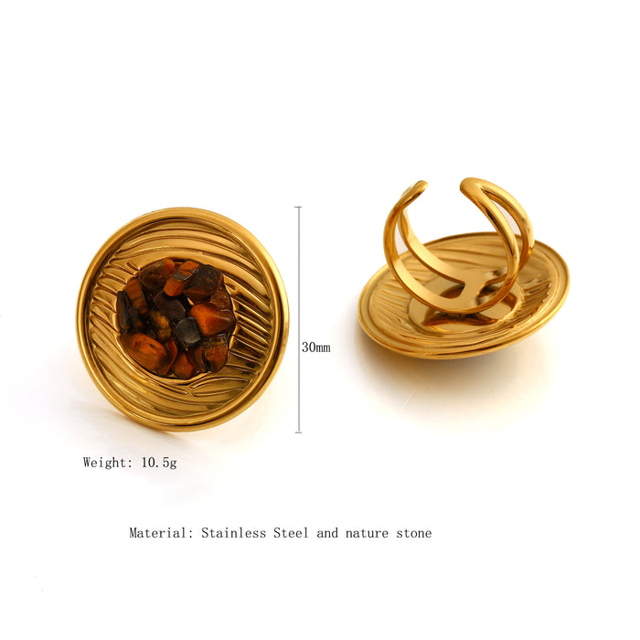 Wholesale New Fashionable Luxury Design Stainless Steel Circular Texture Set with Natural Stone Opening Ring and Earring Set
