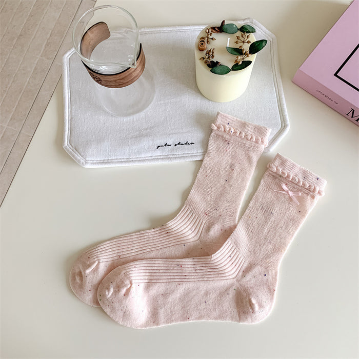 Wholesale Thin socks, butterfly knot yarn pile socks, hollowed out Japanese lace mid tube socks