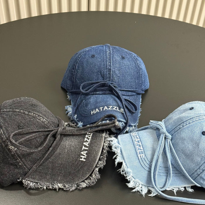 Wholesale Retro fringed denim baseball cap, soft top bow sun hat, sun protection duckbill cap