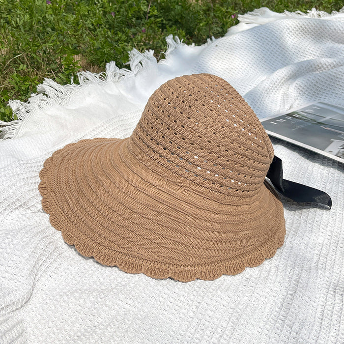 Wholesale New curled edge hollow knitted sun hat temperament bow top hat large brim foldable fisherman hat