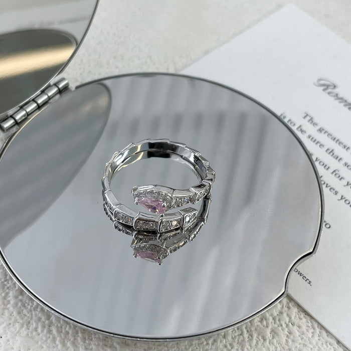 Wholesale S925 Sterling Silver Light Luxury Flash Diamond Snake Ring Unique Pink Zircon Finger Ring Exquisite