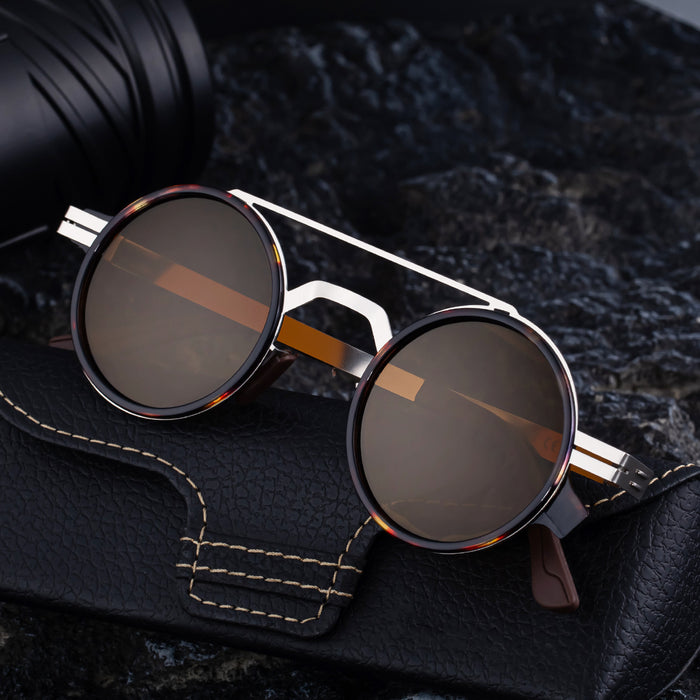 Wholesale New Fashion Round Frame Polarized Sunglasses for Men, Retro Stainless Steel Frame Double Beam Sunglasses for Men