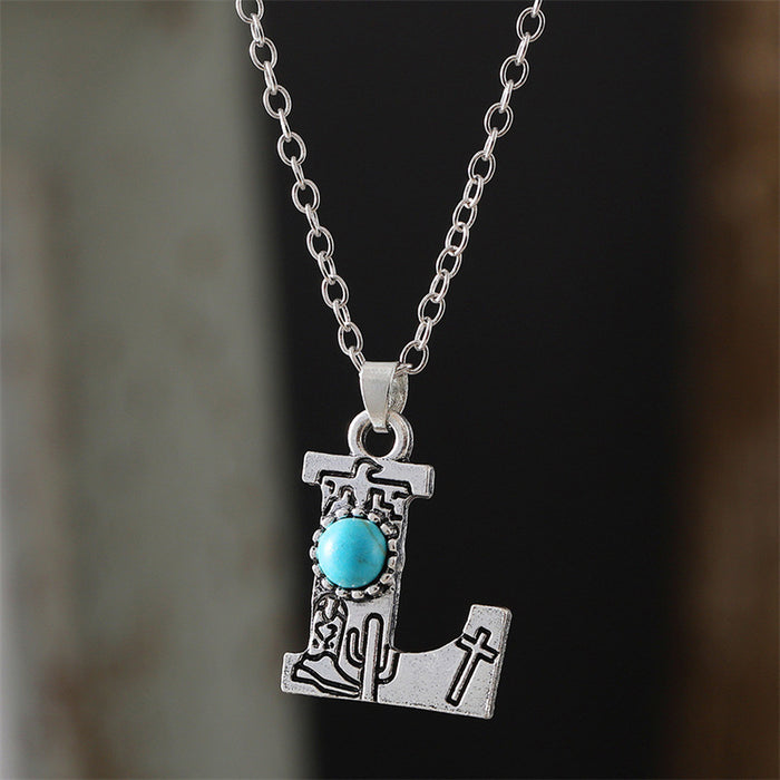 Wholesale 2pcs Retro 26 English Letter Turquoise Necklace