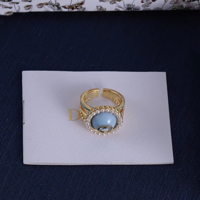 Wholesale Alphabet Pearl Adjustable Ring Brass Material Rhinestone Ring