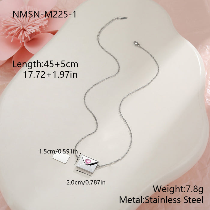 Wholesale Valentine' s Day-themed envelope-shaped stainless steel necklace with heart-shaped elements and rhinestones.