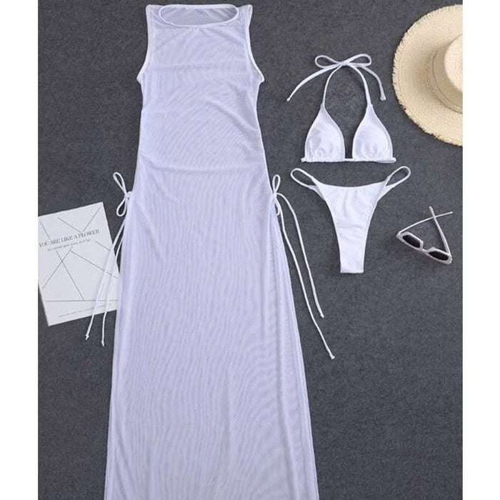 Wholesale Solid Color Long Skirts, Swimwear, Sunscreen Cover Up Three Piece Set (F) JDC-SW-HongSheng001