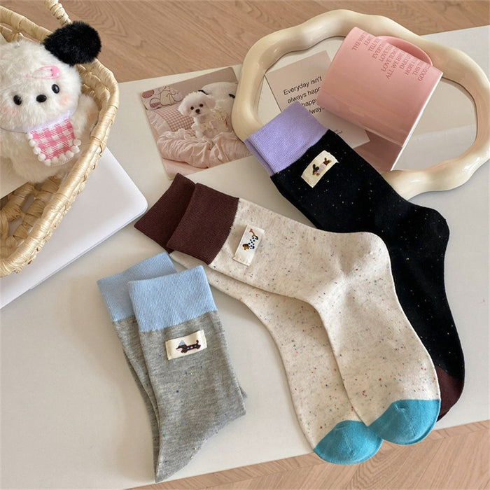 Wholesale Gray cloth label color blocked puppy mid tube socks cartoon pile socks