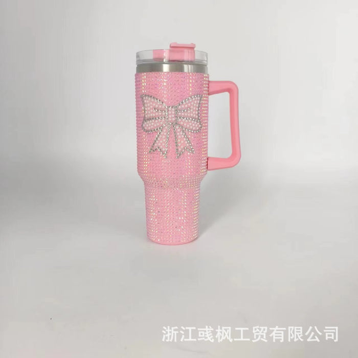 Wholesale Rhinestone Flag Bow Design 40oz Stainless Steel Insulated Car Cup with Handle MOQ≥2