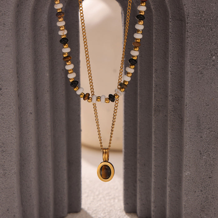 Wholesale Natural Stone Beaded Design Necklace Tiger Eye Pendant Double Layer  Chain