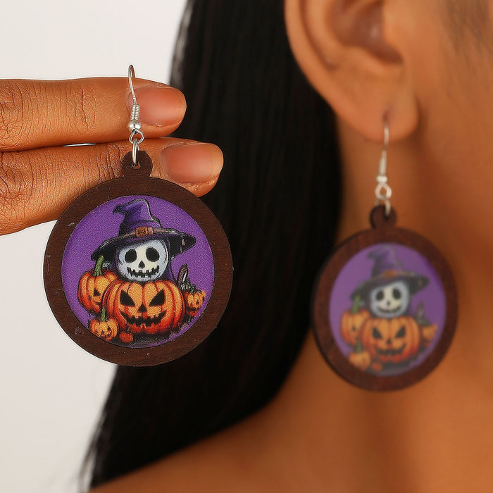 Wholesale Wooden Round Drop Earrings Castle Pumpkin Ghost Wizard Halloween Earrings