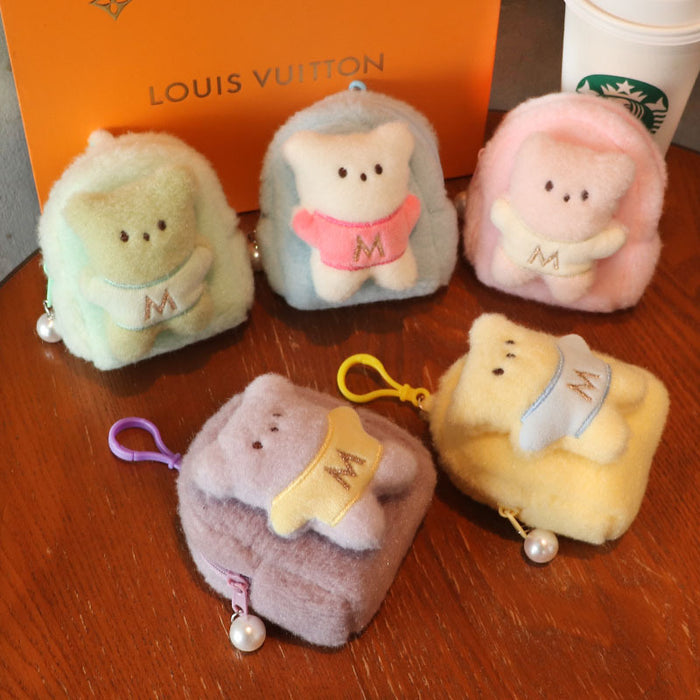 Wholesale Trendy Plush Bear Backpack Coin Purse Solid Purple Cute Card Holder Keychain Wallet For Women
