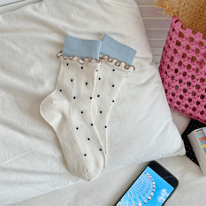 Wholesale Sweet and fashionable rolled edge polka dot combed cotton pile socks