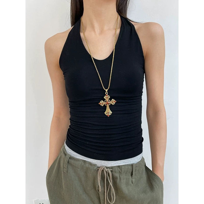 Wholesale Golden rhinestone cross long necklace