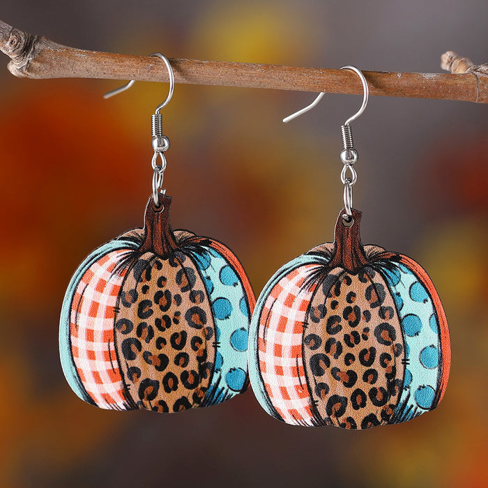 Wholesale Thanksgiving Autumn Harvest Leopard Print Pumpkin Pendant Earrings Wooden Double-Sided Earrings