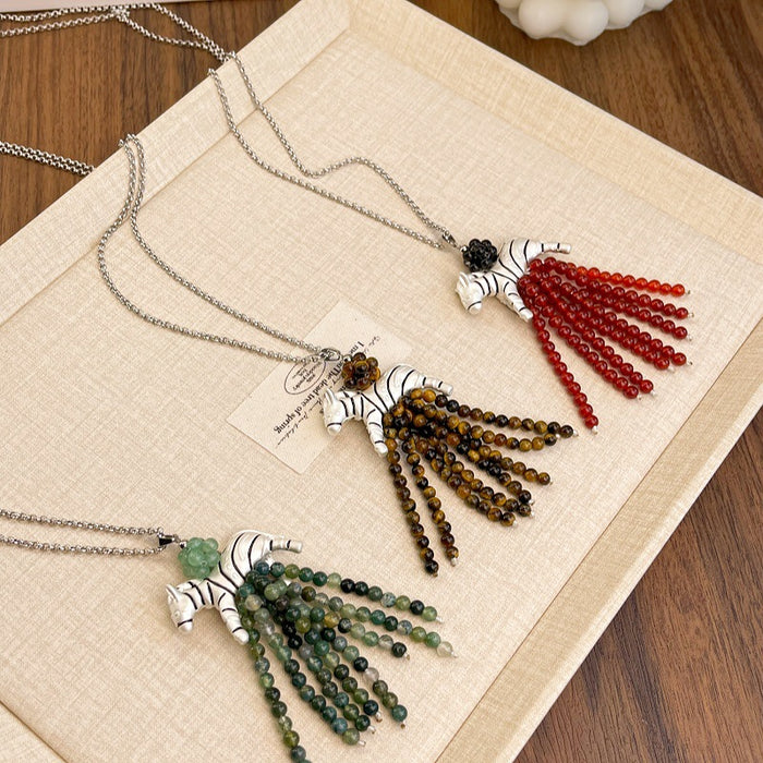 Wholesale Retro-style zebra natural stone pendant necklace for girls,  sweater chain