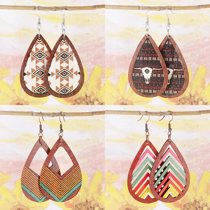 Wholesale Aztec Bohemian Western Old Style Bull Head Colorful Cut Out Women' s Wooden Earrings