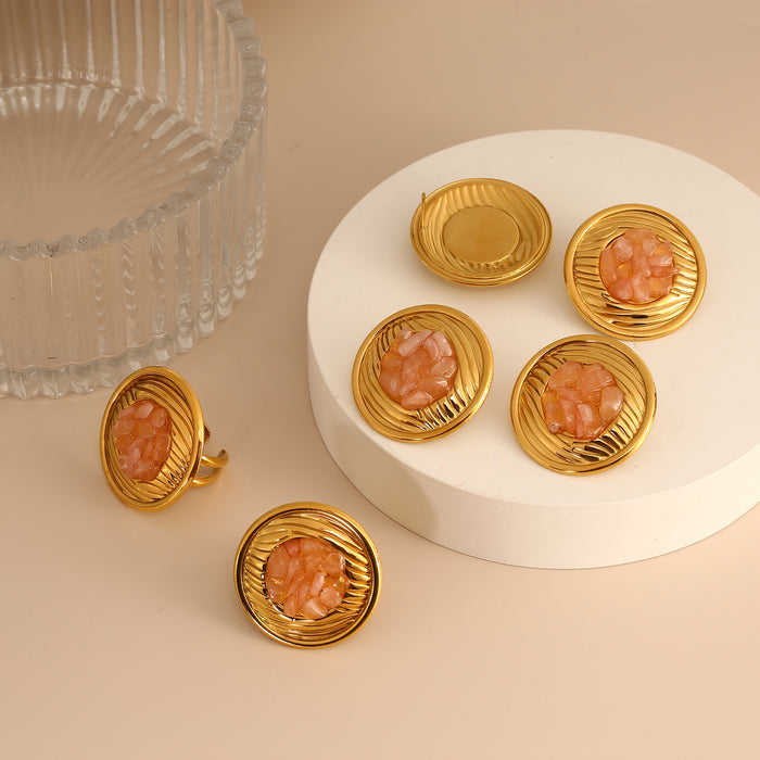 Wholesale New Fashionable Luxury Design Stainless Steel Circular Texture Set with Natural Stone Opening Ring and Earring Set