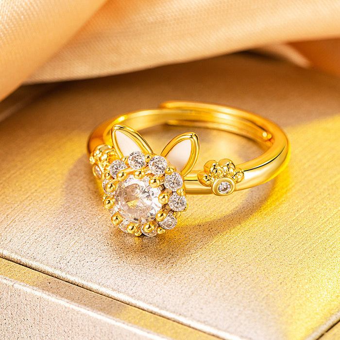Wholesale Rotating cat ring with cute animal shape design and zircon lucky cat ring with adjustable opening