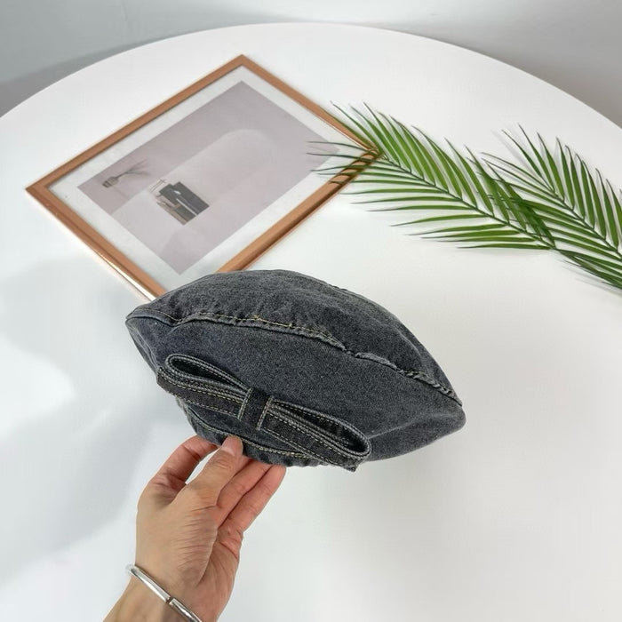 Wholesale Wide brimmed bow versatile exaggerated denim beret hat genuine