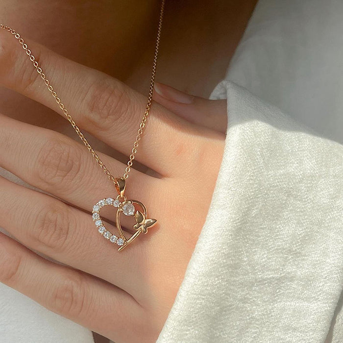 Wholesale New Jewelry Fashion Diamond Heart Earrings Versatile Alloy Butterfly Pendant Necklace Earring Set