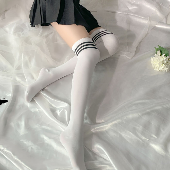 Wholesale College style cotton thick jumpsuit striped long leg over knee socks with three bars over the knee high leg socks
