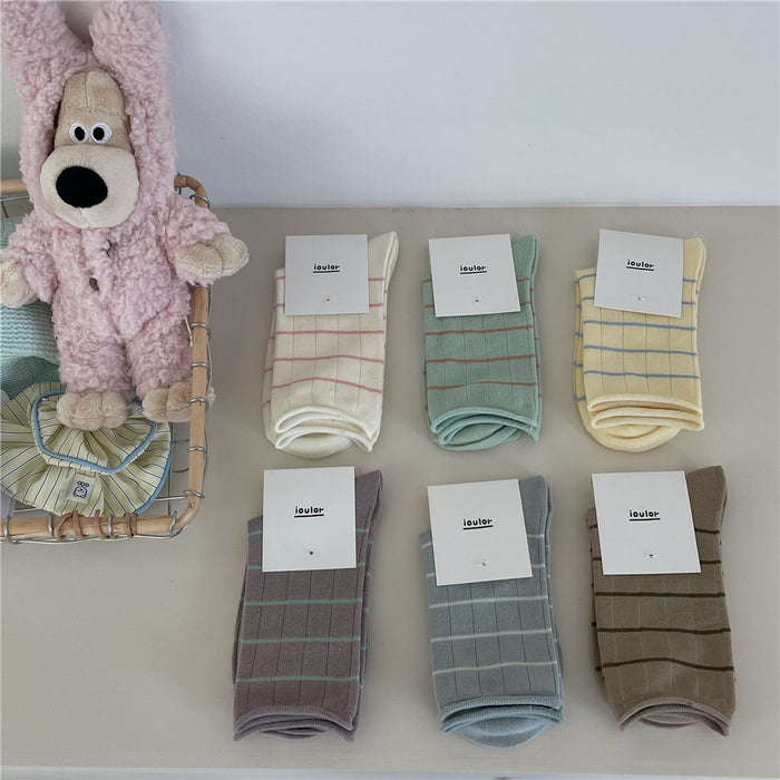 Wholesale Curled edge fine stripe mid tube socks, soft socks, stacked socks