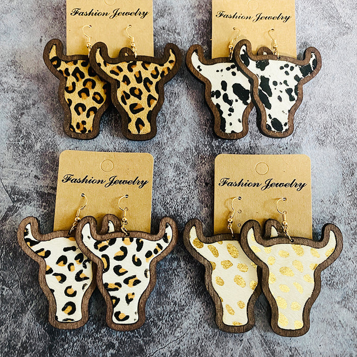 Wholesale Retro genuine leather earrings Western cow head leopard print horse hair inlaid wooden earrings