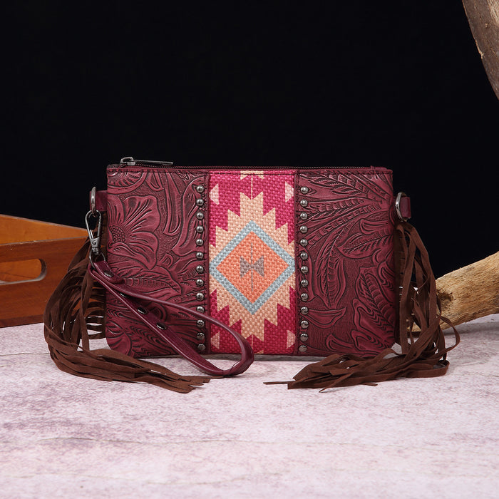Wholesale Vintage Cotton and Linen Print Western Bohemian Leather Carving Hand Wallet Crossbody Women' s Bag