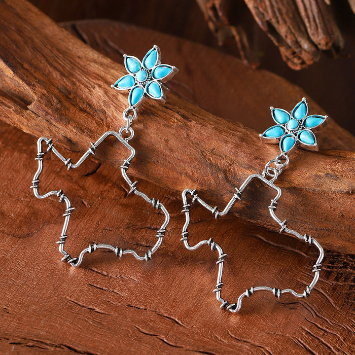 Wholesale Western style distressed Texas flower turquoise inlaid earrings ethnic style earrings