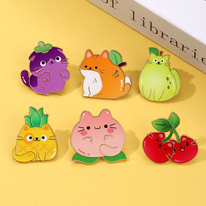 Wholesale Cartoon cute cat badge creative fruit cherry animal badge metal brooch clothing bag jewelry accessories