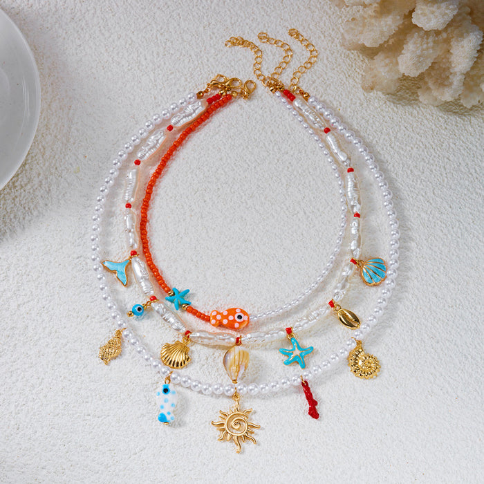 Wholesale Ocean Layered Multi-Color Ceramic Bead Necklace with Seashell and Starfish Charm