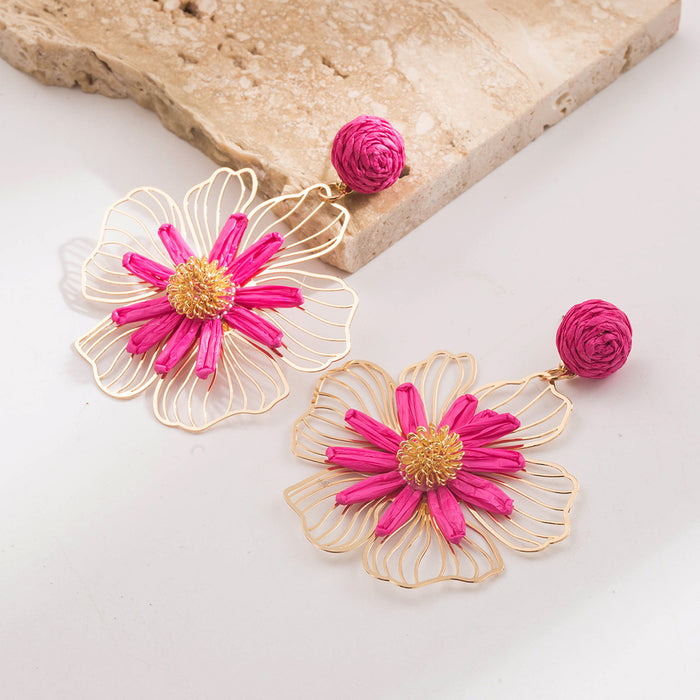 Wholesale Raffia Flower Earrings Yellow Alloy Jewelry Accessory Gift Boutique